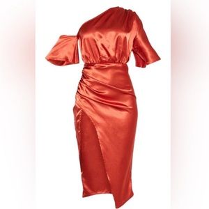 NWT Satin One Shoulder Ruched Skirt Midi Dress in Rust- Sz 6